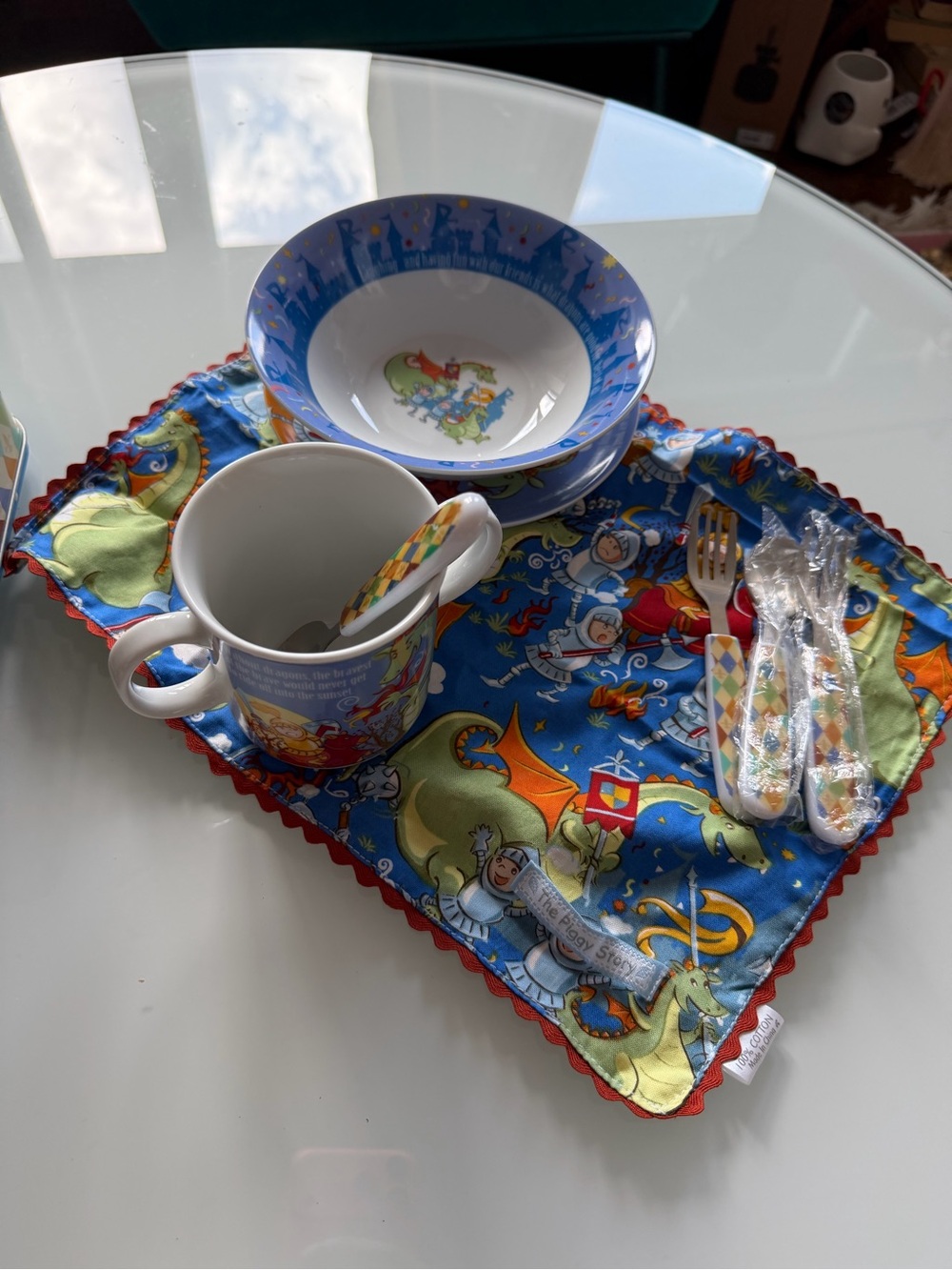 Vintage Children's Blue Dragon Dinnerware Set with Placemat “what a Dragon”
